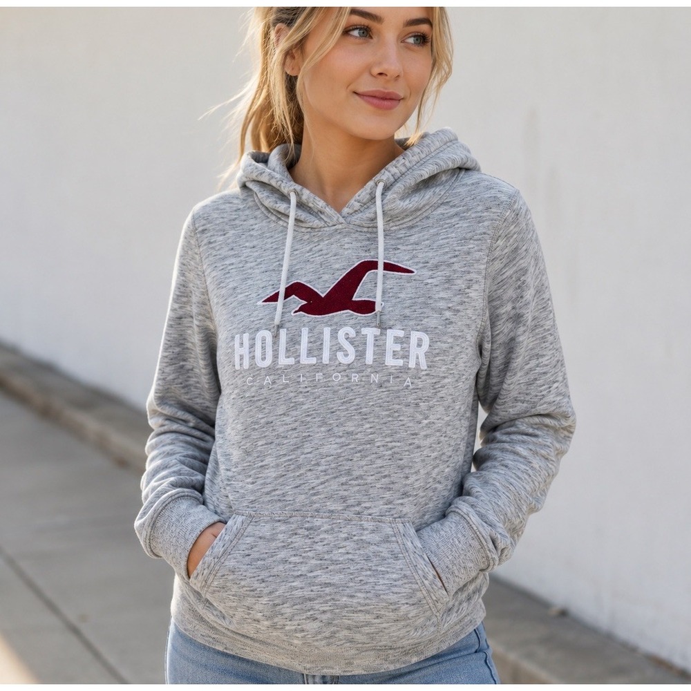 Hollister Co Y2K Womens L Hoodie Pullover Sweatshirt Gray Embroidered Logo Lg.